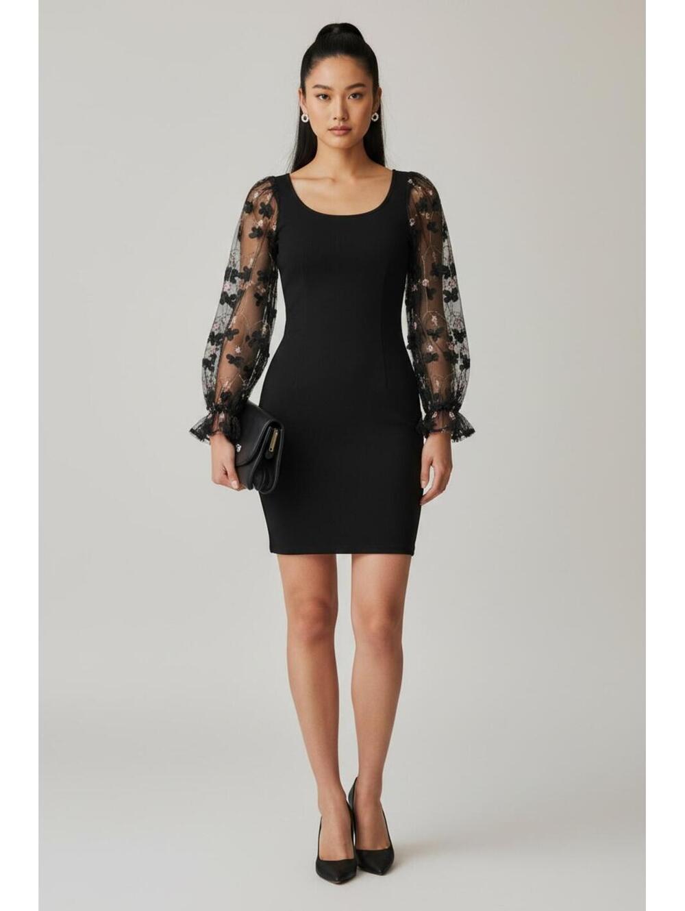 SHEIN Floral Mesh Puff Sleeve Ribbed Bodycon Dress, Youth 11-12 (Adult XS)